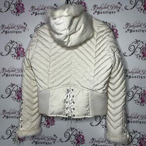 Bebe corset coat jacket snow bunny fur rabbit White Quilted Jacket Fur Trim hood
